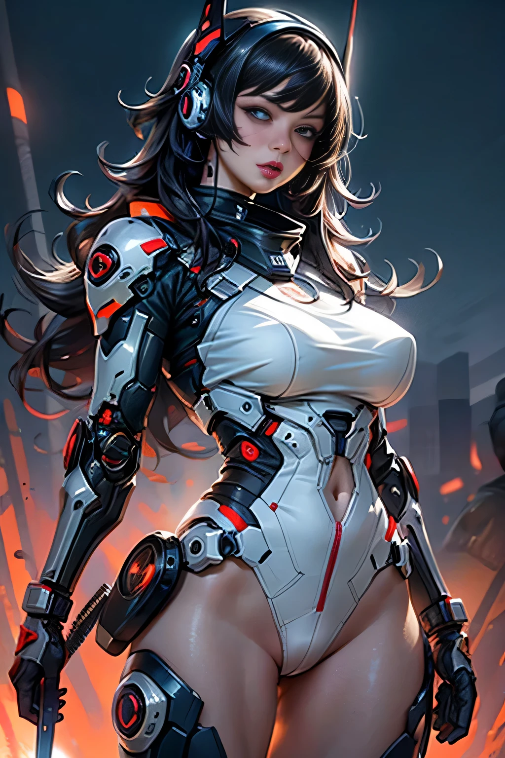 1womanl, Mature, 美丽的面容, big eye, (Huge breasts), (cybernetic body parts), Headgear, Short underwear, Cowboy Shot, (Background with: futuristic cyberspace battlefield),  (depth of fields), ​masterpiece, Realistic, impossible details, top-quality