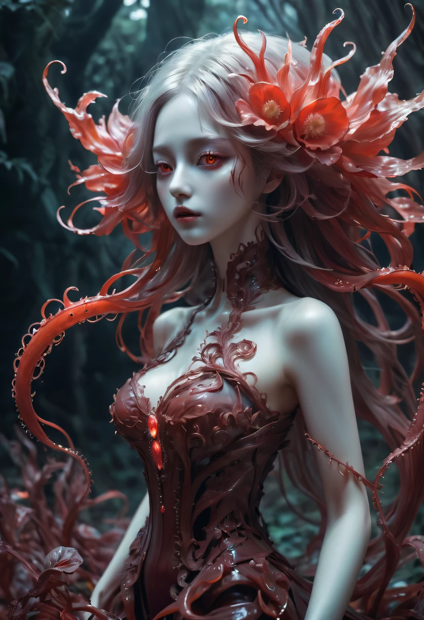 Magical plant from the abyss, the ghost flower, ghost flower,Blood-red tentacles stare at the dead,carismatic,Incredible,terror
