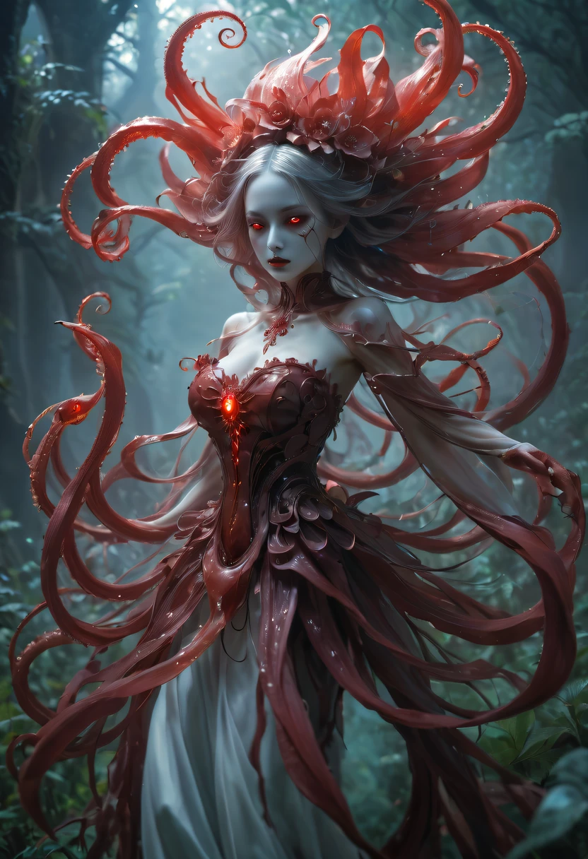 Magical plant from the abyss, the ghost flower, ghost flower,Blood-red tentacles stare at the dead，carismatic，Incredible，terror