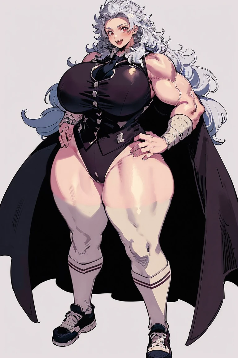 noi, big breast,white boots, pants,cloak, musclegirl, standing,, smile, long hair, catedral, vest, portrait, full body, thick thighs, thick arms, wide hips,pants, large breast, huge breast,boots