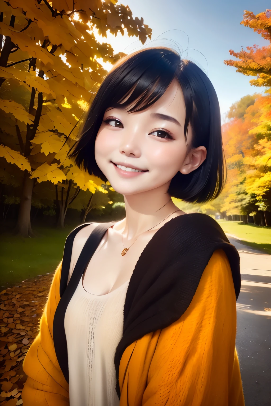 22year old(年轻)、Black Hair Bob、natural and light makeup、Autumn、Smiling expression、、Natural finish、For autumn leaves、Portrait image、cute little