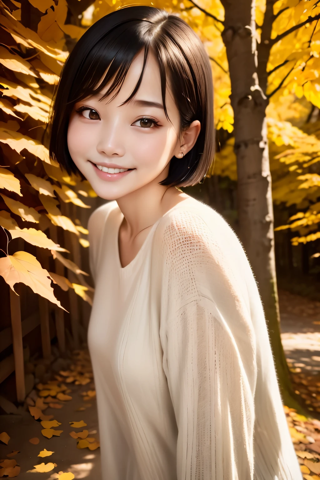 22year old(年轻)、Black Hair Bob、natural and light makeup、Autumn、Smiling expression、、Natural finish、For autumn leaves、Portrait image、cute little