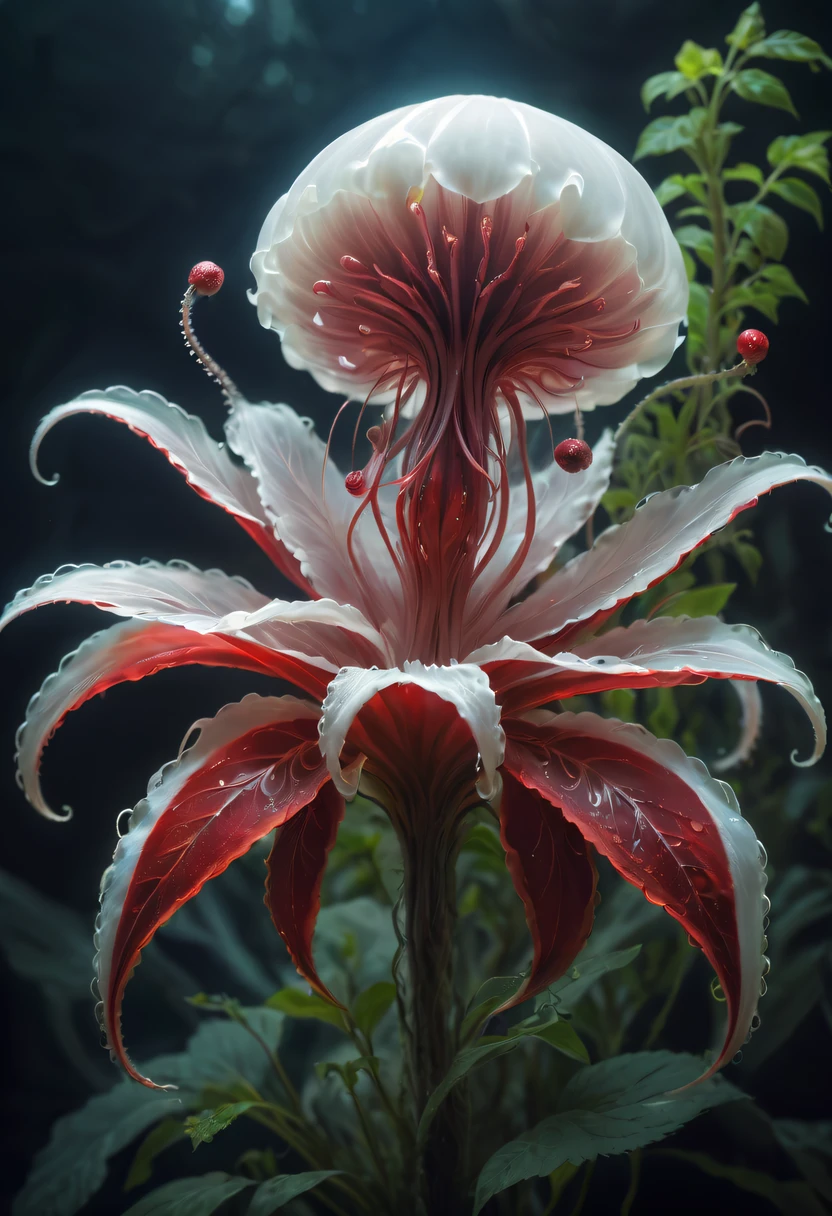 Magical plant from the abyss, the ghost flower, ghost flower,Blood-red tentacles stare at the dead，carismatic，Incredible，terror