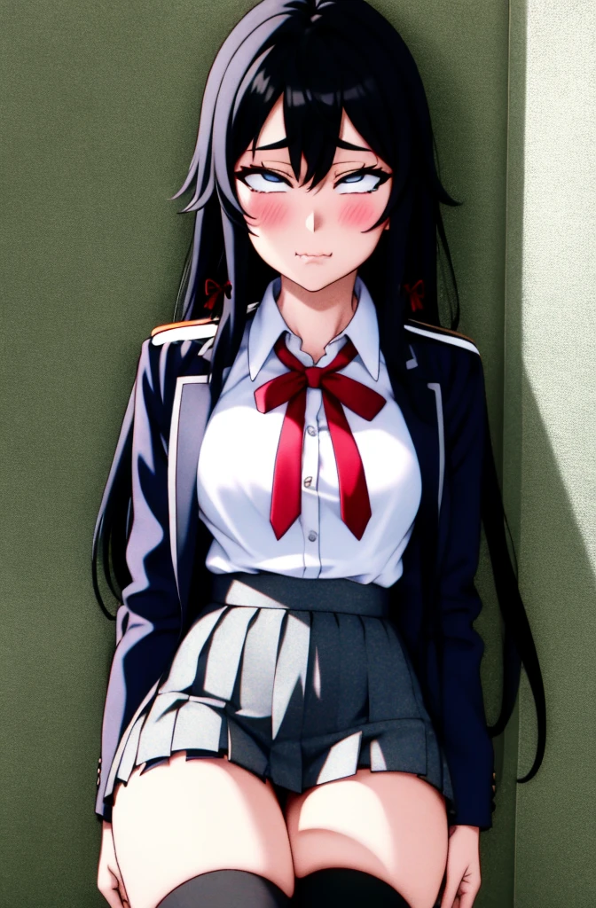 (full figure:1.1), 1 girl as yukino yukinoshita, absurdres, highres, solo, school uniform, small breasts, waist long black hair, (twintails:0.5), (pleated miniskirt:1.4), (black thighhigh socks:1.4), loose red ribbon, unbuttoned white shirt, (ahegao:1.5), (rolling eyes:1.5), (torn clothes:1.5), (naked breastss:1.2), spread legs, in a pornographic movie set