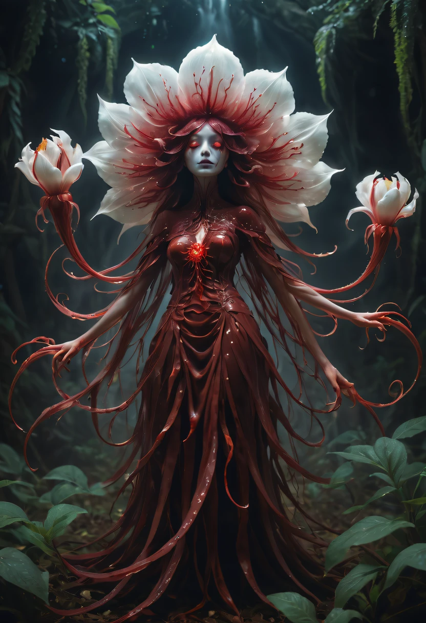 Magical plant from the abyss, the ghost flower, ghost flower,Blood-red tentacles stare at the dead,carismatic,Incredible,terror