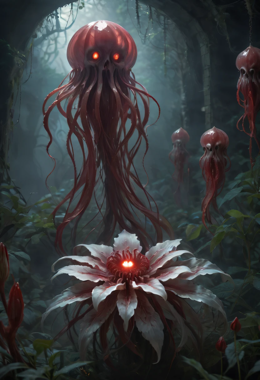 Magical plant from the abyss, the ghost flower, ghost flower,Blood-red tentacles stare at the dead,carismatic,Incredible,terror