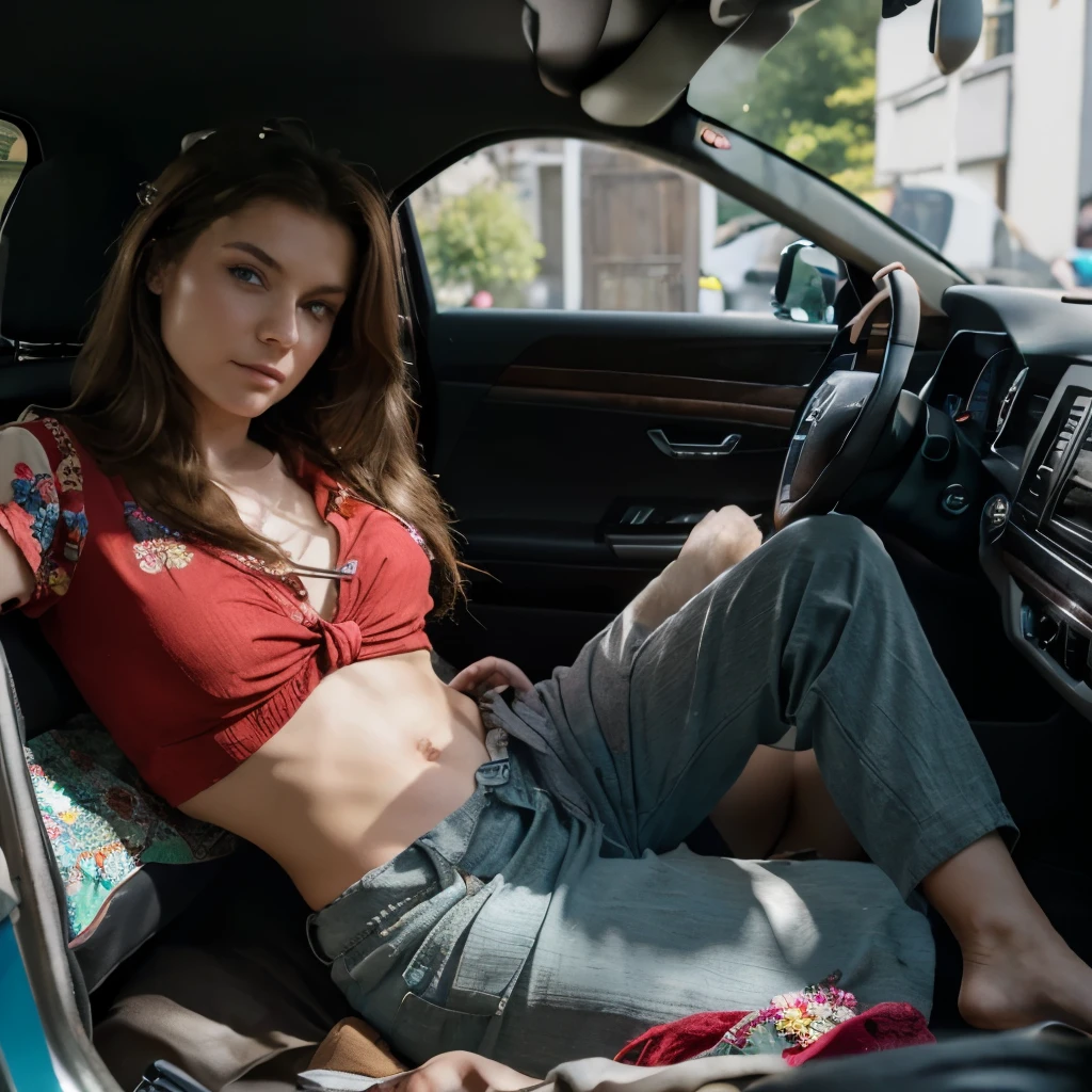 ultrarealistisch, perfekt, Details, 8K, splendid, gutes Randbild, brunette rotes Haar, alternativ, Hippie, bare feet, im auto, knoted shirt, bellybutton, niedlich, 60er-Jahre-Flair, Flowerpower, gree long cort pants, handjob, crop shirt