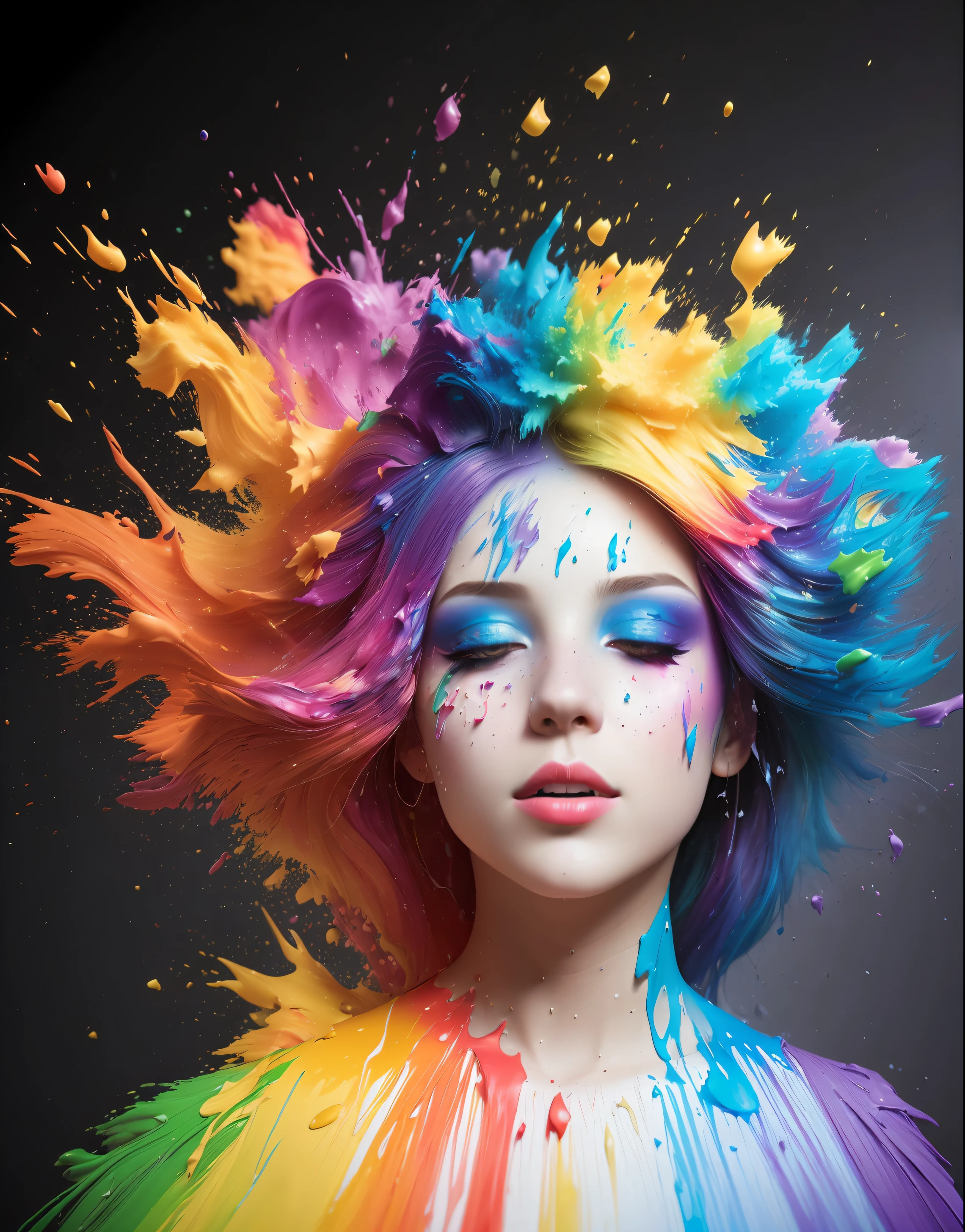 (level difference:1.8),(Paint colliding and splashing on the canvas),(depth of field),1girl's side face blends into it,(side face),open mouth,(liquid paint rainbow hair:1.1) made of paint and defies gravity,thick flowing,(paint splatter:1.3),Liquid state,stunningly beautiful, masterpiece, detailed background,ultra high quality model, ethereal background,abstract beauty, explosive volumetric, oil painting,heavy strokes,Romantic lighting,Sub-Surface Scatterring,lens 135mm,f1.8,glow,8k,high resolution, dreamy,ray tracing,hdr,god rays,