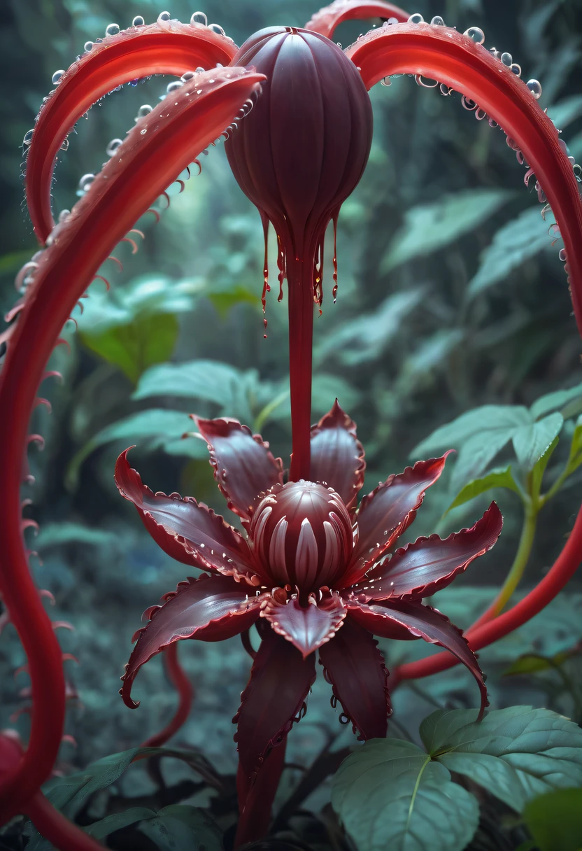 Magical plant from the abyss, the ghost flower, ghost flower,Blood-red tentacles stare at the dead,carismatic,Incredible,terror
