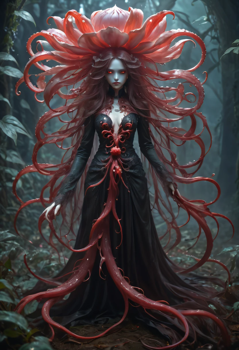 Magical plant from the abyss, the ghost flower, ghost flower,Blood-red tentacles stare at the dead，carismatic，Incredible，terror