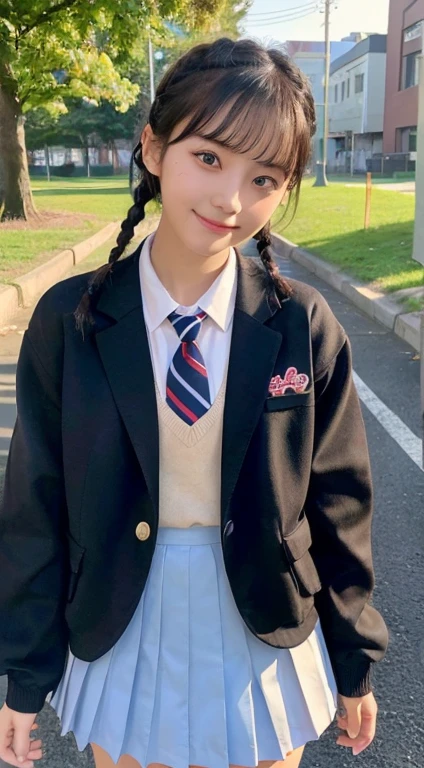 (top-quality,8K picture quality,masterpiece:1.3),(超A high resolution,Photorealsitic:1.4,Raw photography),(ultra-detailliert,Caustics,Detailed background),(Ultra-realistic capture,Beautifully detailed skin,perfect anatomia),((Shoot the whole body from a distance))、at the sunset,Sunset sky,school buildings,school ground,18year old,kawaii,Single eyelid,Braided hair、Black hair short bob,((School Blazer Uniform))、((Bleated skirt))、Looking at the camera,A smile、natural soft light、hair pin、Ribbon tie