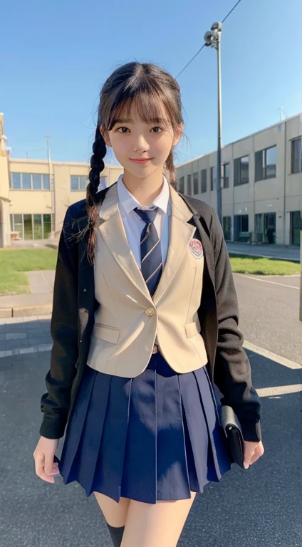 (top-quality,8K picture quality,masterpiece:1.3),(超A high resolution,Photorealsitic:1.4,Raw photography),(ultra-detailliert,Caustics,Detailed background),(Ultra-realistic capture,Beautifully detailed skin,perfect anatomia),((Shoot the whole body from a distance))、at the sunset,Sunset sky,school buildings,school ground,18year old,kawaii,Single eyelid,Braided hair、Black hair short bob,((School Blazer Uniform))、((Bleated skirt))、Looking at the camera,A smile、natural soft light、hair pin、Ribbon tie