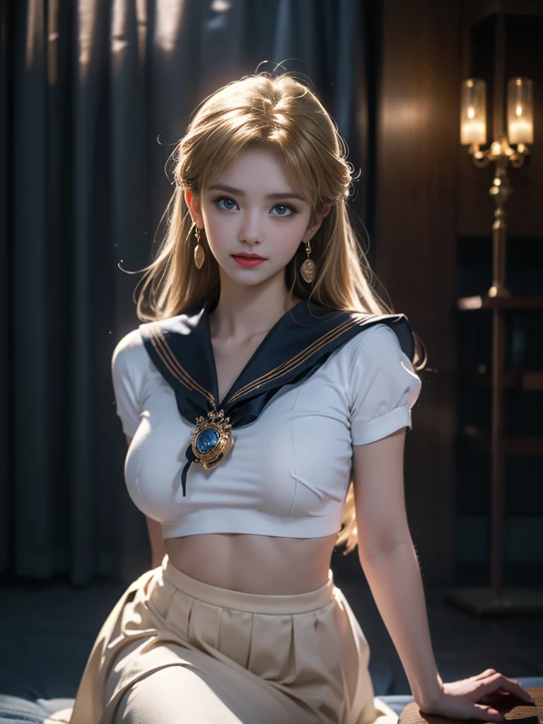 tmasterpiece,Highest image quality,super detailing,Best quality ,Extremely Delicately Beautiful, Very meticulous,Best quality, offcial art, extremely detaild的 CG unified 8k wallpapers, Ana de Armas portrait photo, 金发eBlue eyes,(CG Unity 8K wallpaper in extreme detail,tmasterpiece,Highest image quality),(Delicate light and shadow,The picture is highly dramatic,Cinematic lens effect), (the sailor moon:1.1),Charming smile,double tails, eBlue eyes,golden hair, tight top,whitegloveini-skirts,dynamicposes),The background is the universe(Exceptional detail,The lighting effect is outstanding,Vista wide angle),(Excellent rendering,Enough to stand out from the crowd),Sexy big breasts,Dreamcatcher earrings,The sexiest look,beautiful thilack silk clothing,The most beautiful woman in the world,