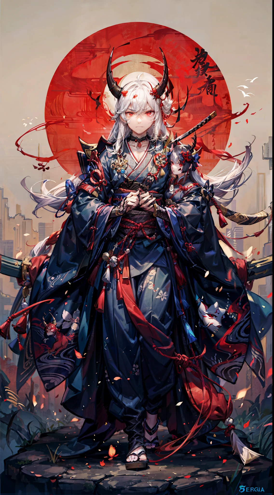 a drawing of a man in a robe with a horned head and a sword, beautiful male god of death, demon samurai, demon samurai warrior, portrait of the god of death, villain wearing a red oni mask, samurai with demon mask, by Jeremy Chong, asura from chinese myth, onmyoji detailed art, inspired by Kanō Hōgai