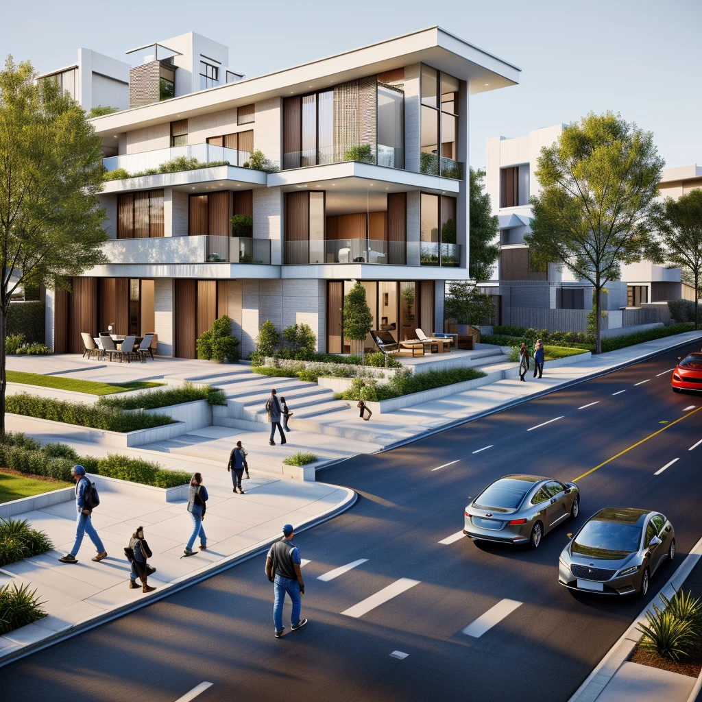 rendering of a modern residential townhouse, professional render, wide angle exterior 2023, highly detailed render, high quality rendering, realistic render, architectural render, high-quality render, detailed rendering, hyper-realistic render, hyper - realistic render, very realistic 3 d render, high render, realistic rendering, very realistic render