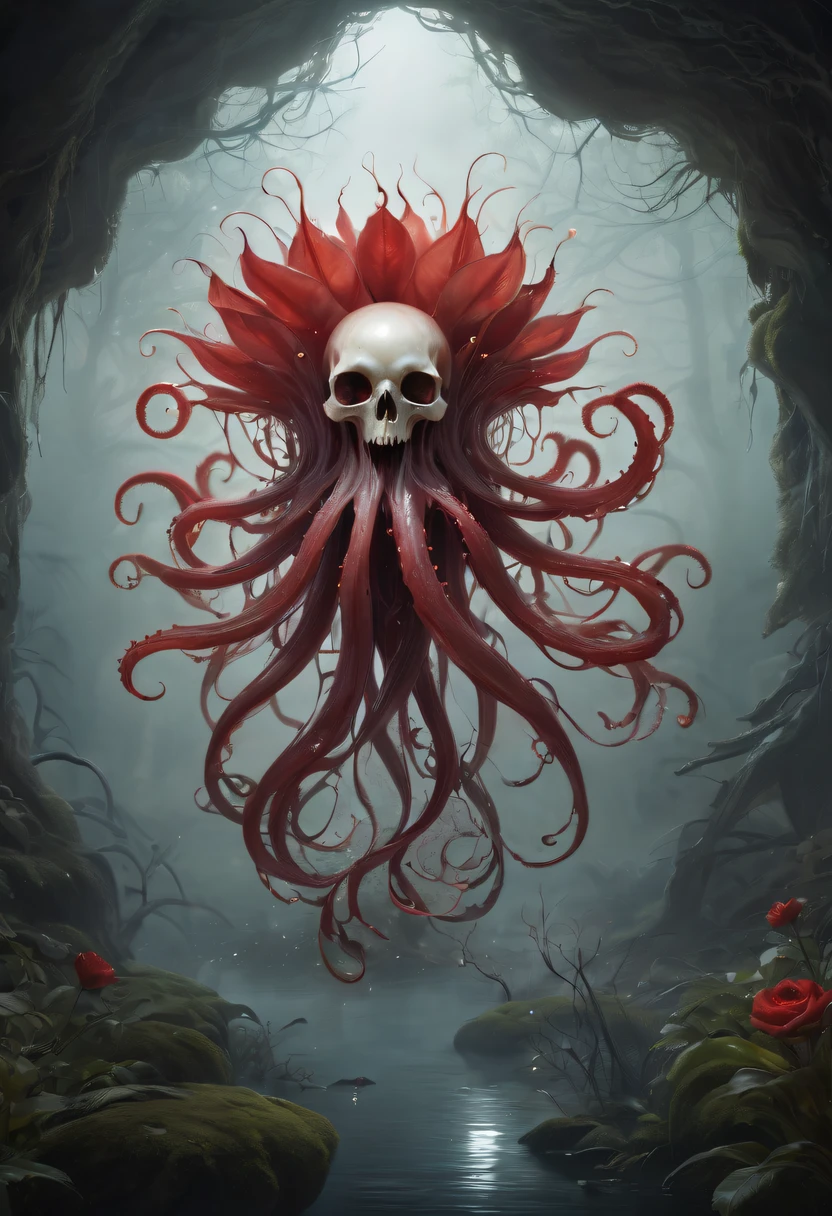 Magical plant from the abyss, the ghost flower, ghost flower,Blood-red tentacles stare at the dead，carismatic，Incredible，terror