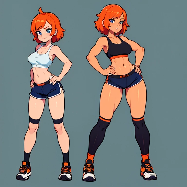 Sexy woman, short orange hair, blue sports bra, black shorts, tiny shorts, soandex shorts, tight shorts, knee high socks, black socks, sneakers, illustration, full body, pin-up