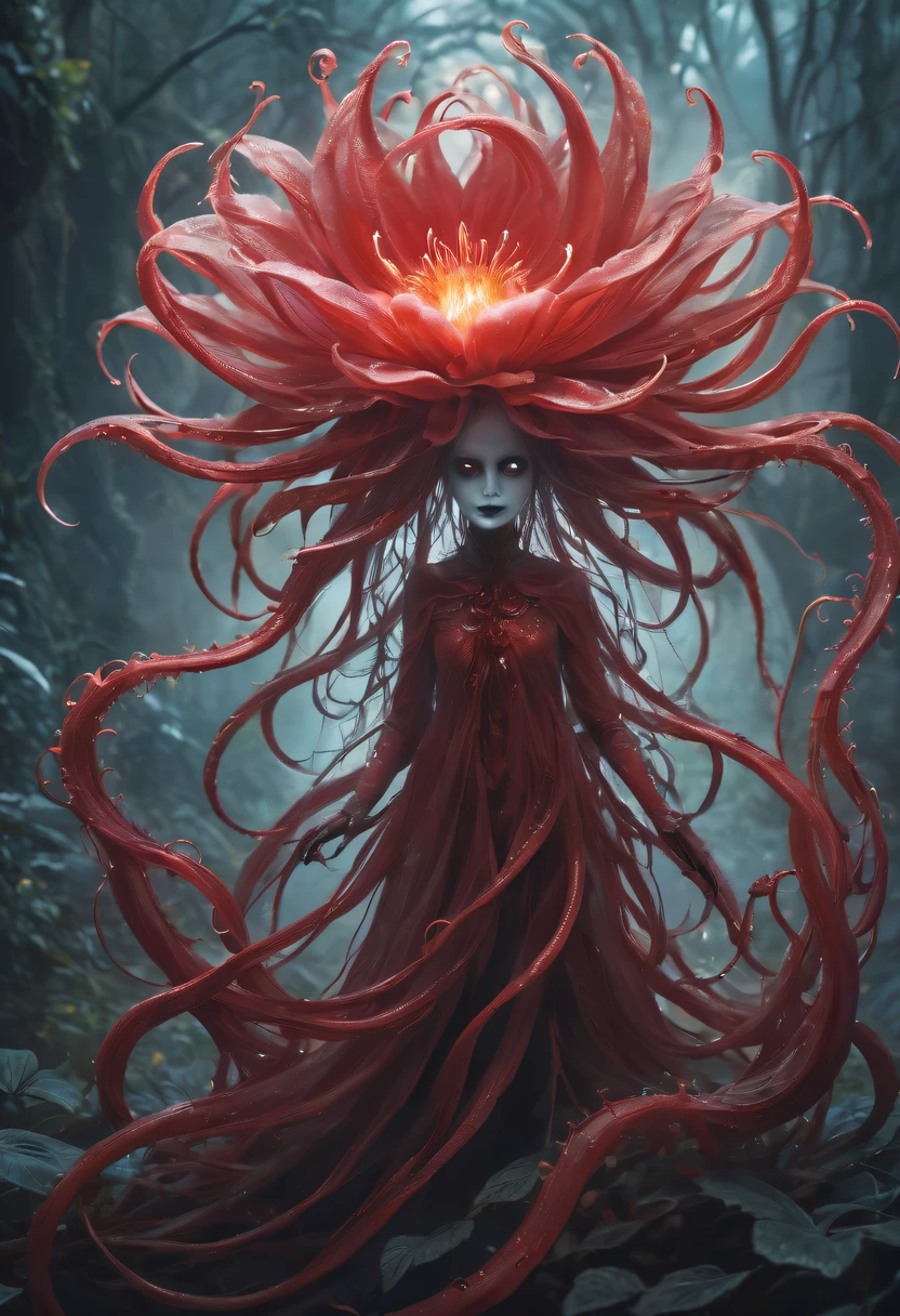 Magical plant from the abyss, the ghost flower, ghost flower,Blood-red tentacles stare at the dead,carismatic,Incredible,terror
