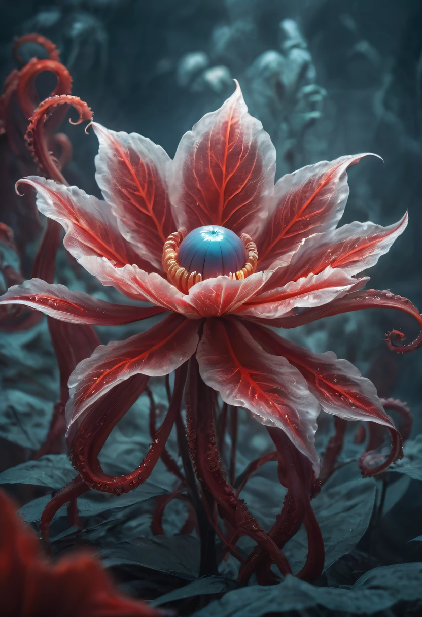 Magical plant from the abyss, the ghost flower, ghost flower,Blood-red tentacles stare at the dead,carismatic,Incredible,terror