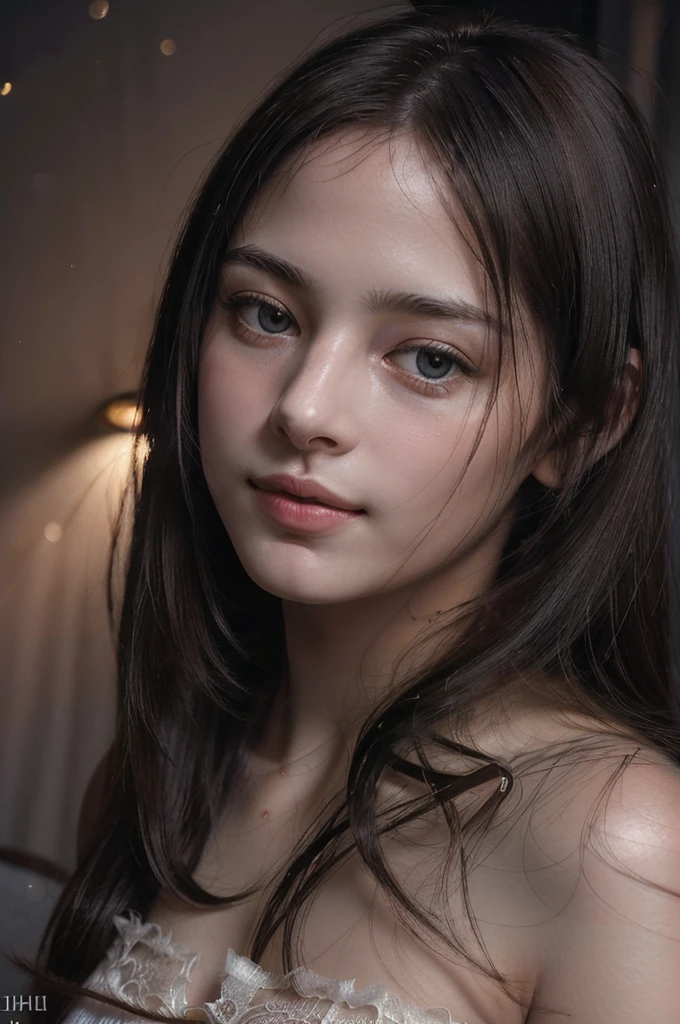 (RAW photo, best quality), ((Nostalgia,1980s syle)),(A girl with a literary atmosphere:1.2),(realistic, photo-realistic:1.3), extremely delicate and beautiful, Amazing, finely detail, masterpiece, ultra-detailed, highres,best illustration, best shadow,intricate,depth of field,(closeup portrait of a young beautiful woman:1.2),long hair,messy hair,((((low key,dark scene,dimly lit)))),(((soft lighting:1.4))),(pale skin:1.4),(shy smile),(cinematic angle),sharp focus, volumetric fog, 8k UHD, DSLR, high quality,( film grain:1.4), Fujifilm XT3,(looking at viewer), pale skin