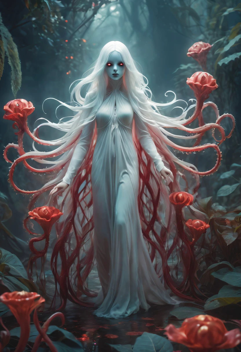 Magical plant from the abyss, the ghost flower, ghost flower,Blood-red tentacles stare at the dead,carismatic,Incredible,terror