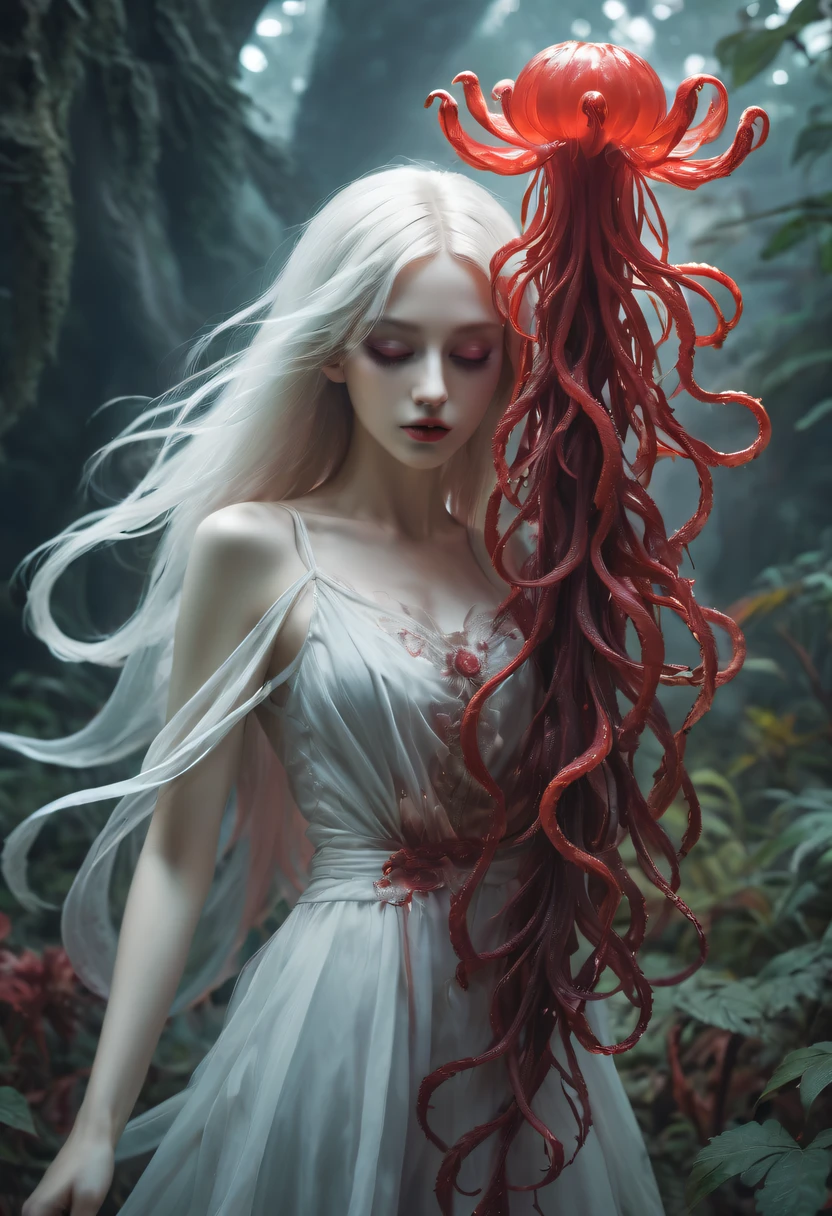 Magical plant from the abyss, the ghost flower, ghost flower,Blood-red tentacles stare at the dead,carismatic,Incredible,terror