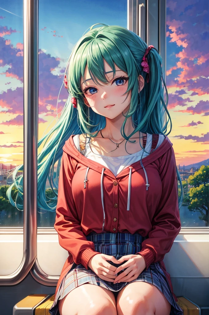 Anime girl sitting on train looking out window, Beautiful Anime Portrait, lofi portrait at a window, Beautiful anime girl, lofi portrait, lofi-girl, Portrait Anime Girl, artwork in the style of guweiz, high quality portrait, with sunset, charming anime girls, Cute anime girl, realistic cute girl painting, Anime style. 8K