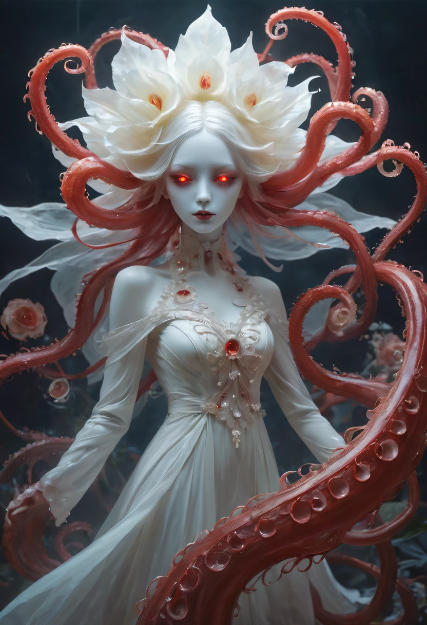 Magical plant from the abyss, the ghost flower, ghost flower,Blood-red tentacles stare at the dead,carismatic,Incredible,terror