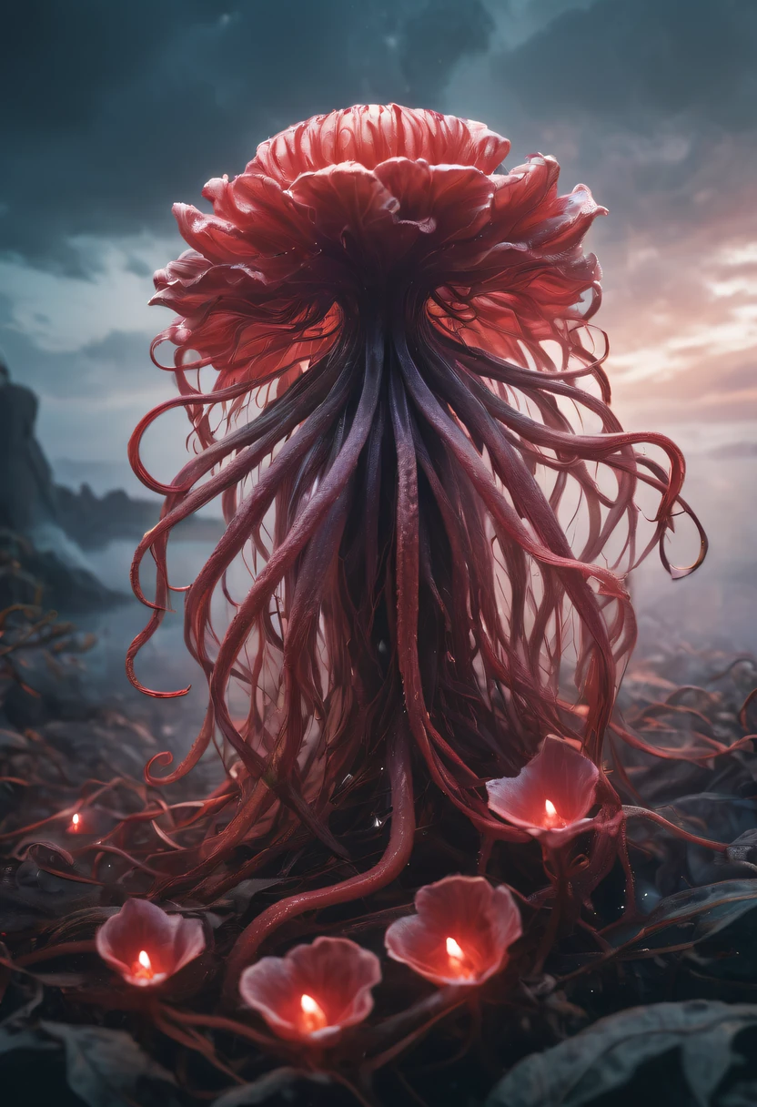 Magical plant from the abyss, the ghost flower, ghost flower,Blood-red tentacles stare at the dead,carismatic,Incredible,terror