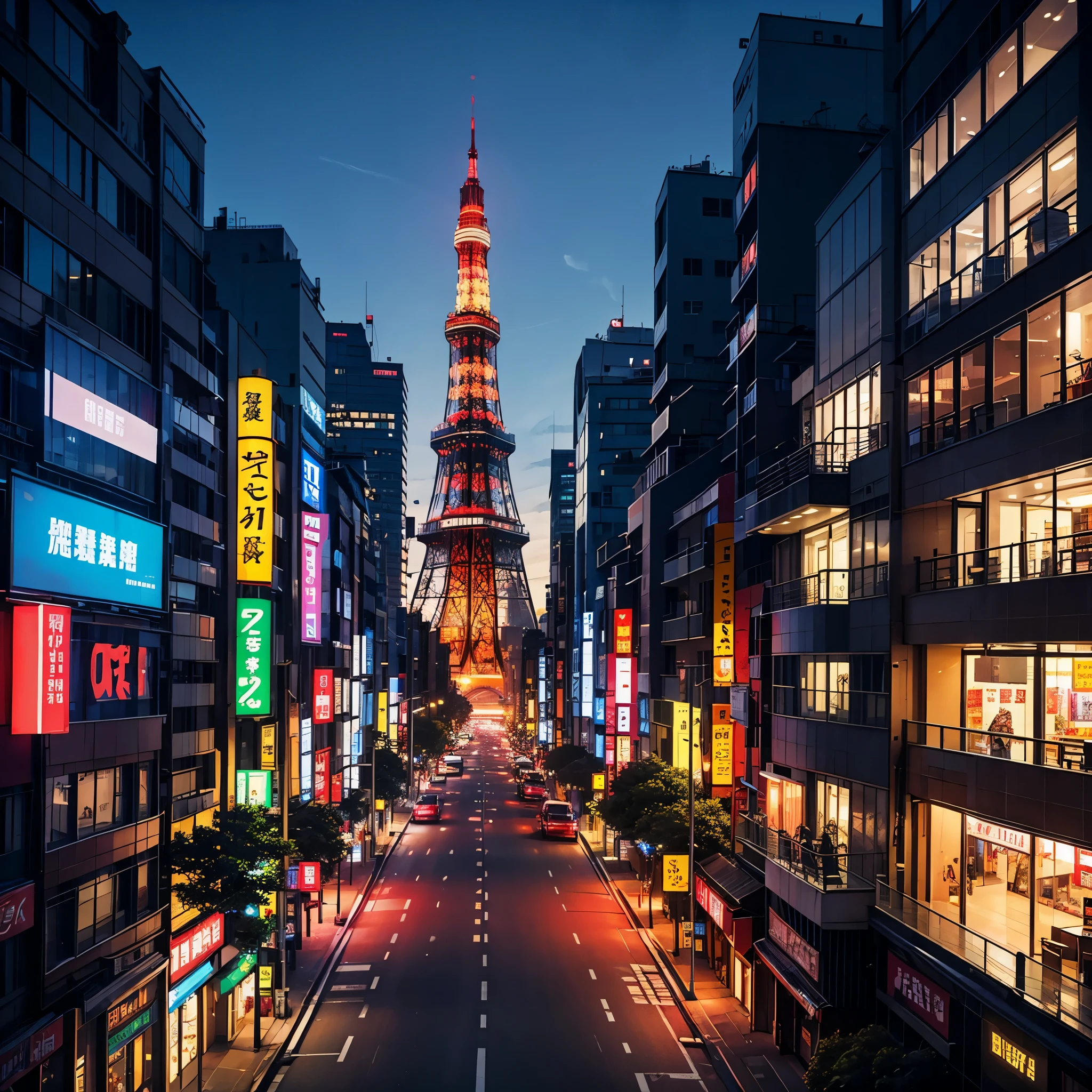 Best Quality、masutepiece、8K、View from the building、natta、Tokyo Tower、neons:1.2、Building Street、skyscraper、(Sateen)、Highway
