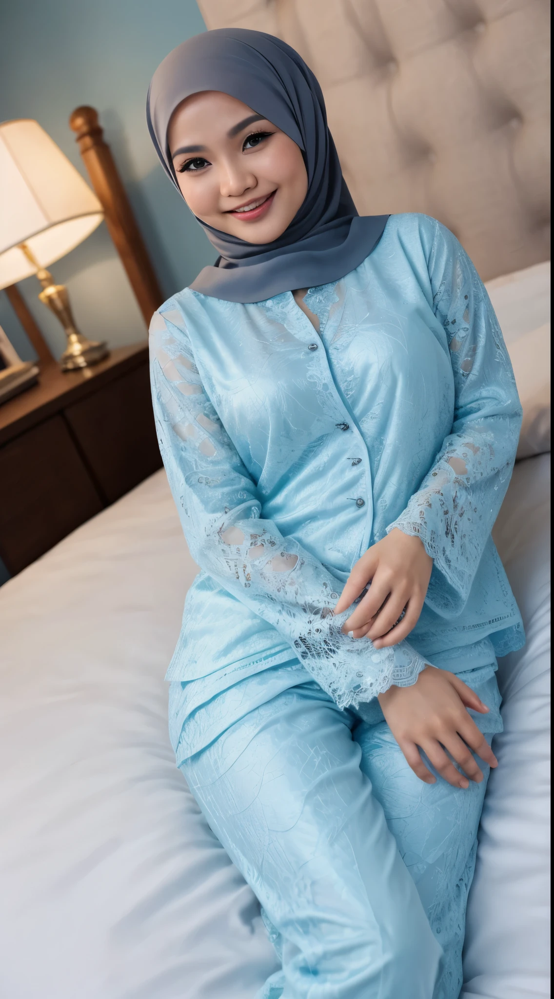 malay girl with hijab wearing oversize blue floral lace pyjamas lying on bed from top view, laughing, bedroom, messy bedroom, modern white color bedroom, white bed, nighttime, (mira filzah:1.3), wearing hijab,gold necklace, detailed skin, detail skin texture, skin wrinkles, realistic skin, freckles skin, matured skin, small tits, small breast, flat chest, wide waist, thick thighs bright lighting, big round ass, matured face, lying on bed, full body shot