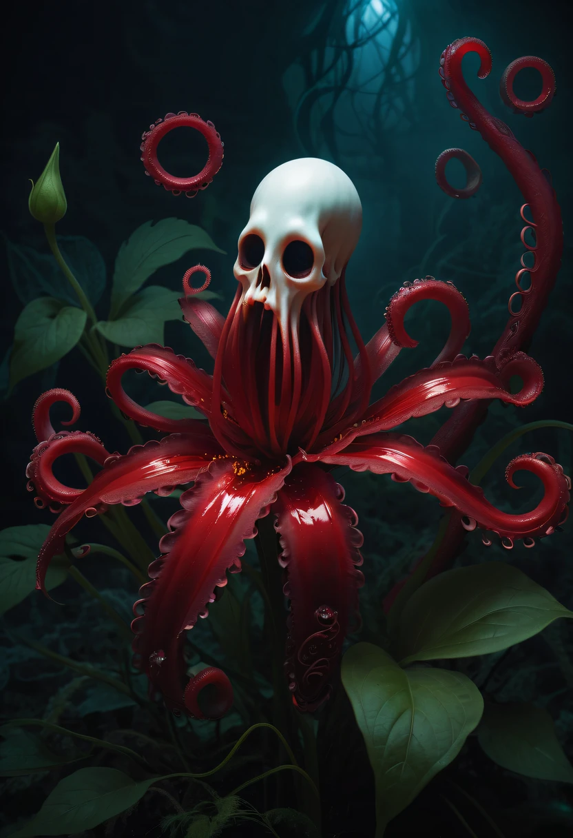 Magic plant, ghost flower from the abyss, Ghost Flower,Blood-red tentacles stare at the dead，enchantment，amazing，THE TERROR，packaging of&#39;a purple magic flash, epic magic power, The corolla emits an intense light, Electrical branch, epic storm, THE TERROR冲击, surrealist, new, capricious, rendered by octaneration, complex,