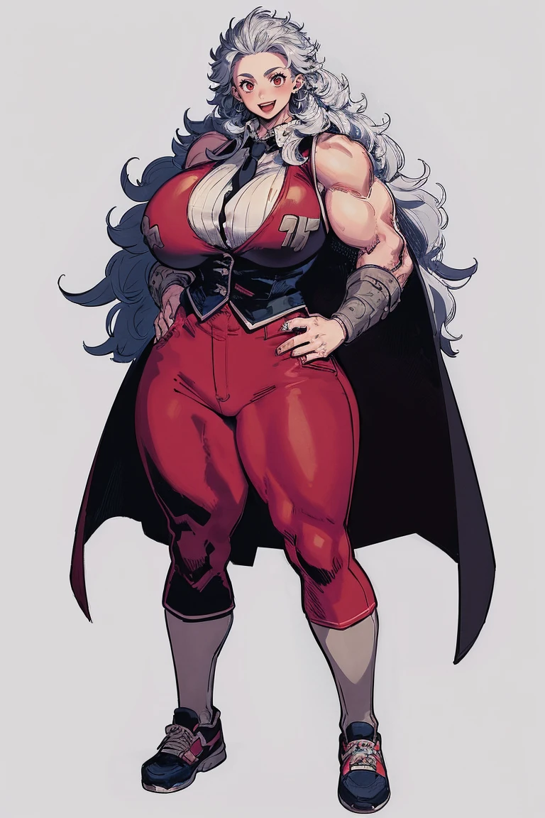 noi, big breast,white boots, pants,cloak, musclegirl, standing,, smile, long hair, catedral, vest, portrait, full body, thick thighs, thick arms, wide hips,pants, large breast, huge breast,boots