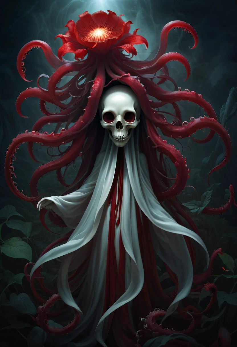 Magical plant from the abyss, the ghost flower, ghost flower,Blood-red tentacles stare at the dead,carismatic,Incredible,terror