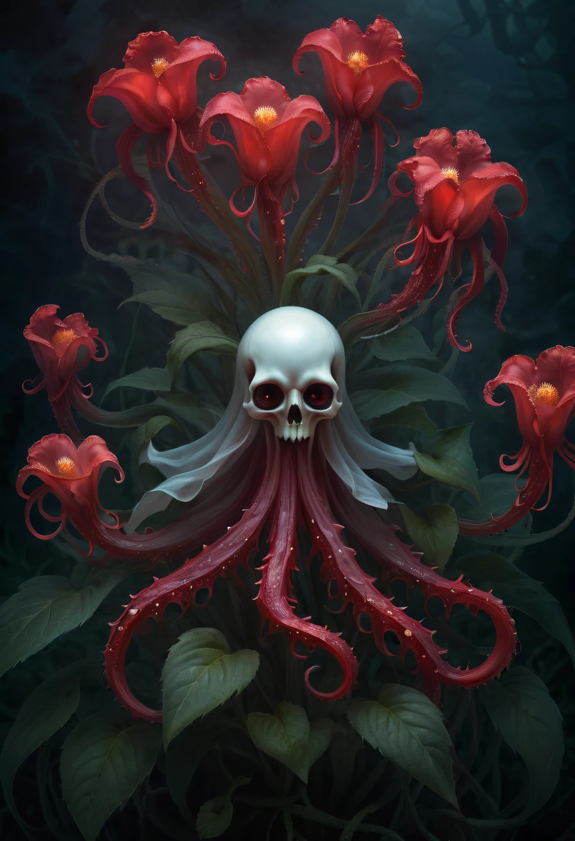 Magical plant from the abyss, the ghost flower, ghost flower,Blood-red tentacles stare at the dead,carismatic,Incredible,terror