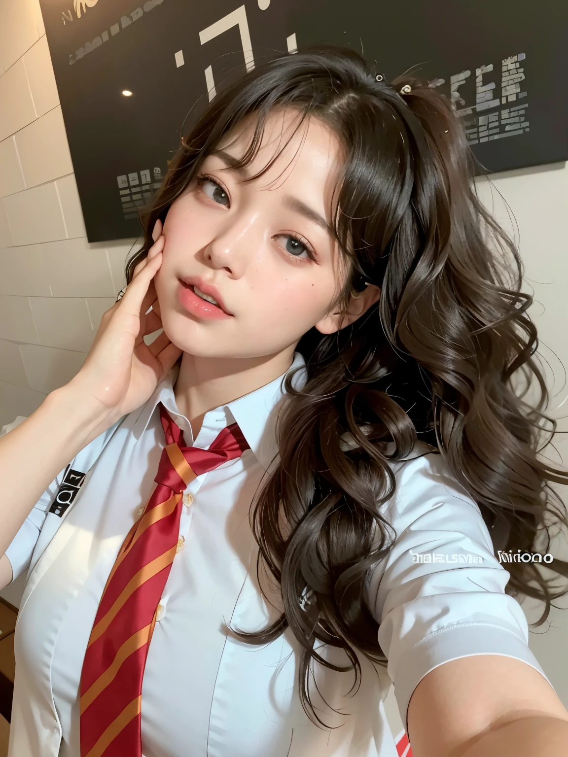 there is a woman in a tie and shirt posing for a photo, Ulzzang, com cacheado longo hair, Sakimichan, franja encaracolado and ponytail, franja encaracolado, com cabelos longos, ilya kuvshinov com cabelos longos, com cacheado longo, Jaeyeon Nam, Tohsaka also., Seifuku, com cabelos castanhos, cabelos castanhos cacheados