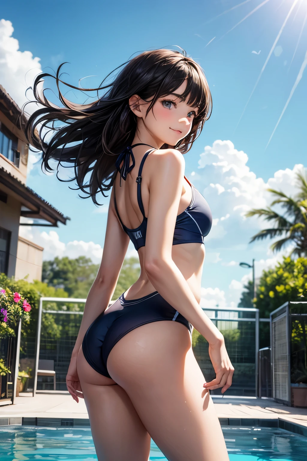 very cute and beautiful girl,,(highly detailed beautiful face and eyes:1.2),blue school swimsuit, standing,(from behind,looking back),leaning forward,pool side,colorful flowers,distant school building,smile,black hair,cowboy shot, (best quality,masterpiece:1.2),highres,extremely detailed,solo, hair fluttering in the wind,beautiful detailed sky,dynamic angle,