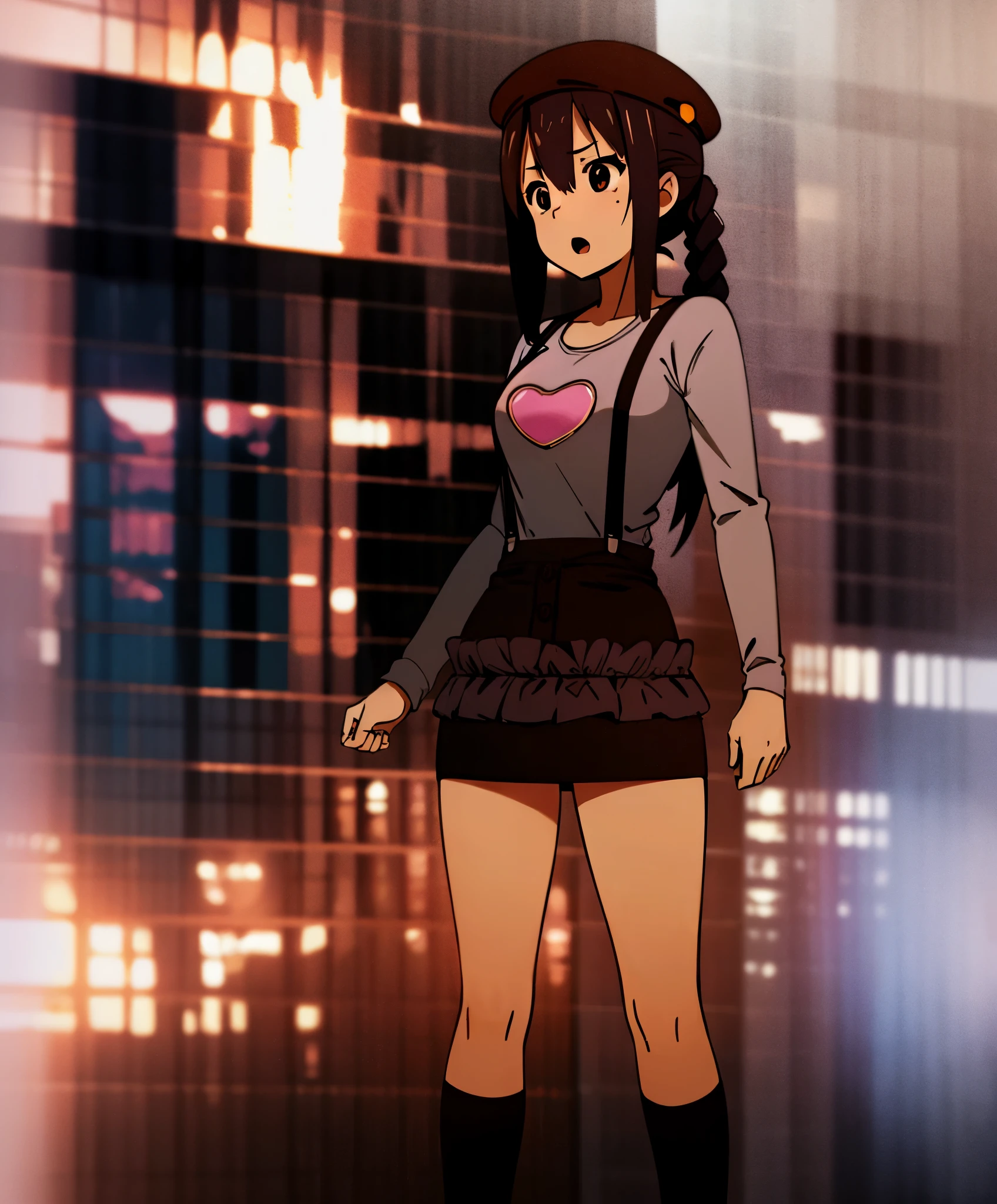 1girl, (((​masterpiece))), top-quality, top-quality, high détails, nakano azusa, 1girl, Twin-tailed, length hair, A dark-haired, brown-eyed, Gray T-shirt.suspenders.a black skirt.illustratio, comic strip, soothing tones, Subdued Color, Soft cinematic light, adobe lightroom, photolab, HDR, intricately and hyper-detailed、(((depth of fields))))。(((​masterpiece)))。(((top-quality))).)((ultra-detailliert)))。(((illustratio)))。(((takeout))).dynamic focus.big breasts.(((Skyscrapers))).(((A city scape))).(((Face of sadness))). open mouth.(((up chest))).((evening glow)).((the setting sun)).(((Heart on chest))).Feathered hat