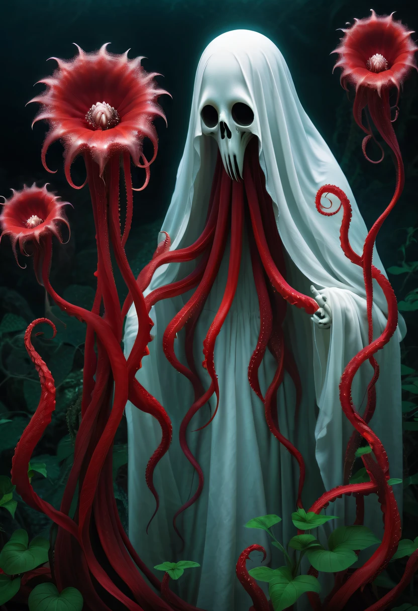 Magical plant from the abyss, the ghost flower, ghost flower,Blood-red tentacles stare at the dead，carismatic，Incredible，terror