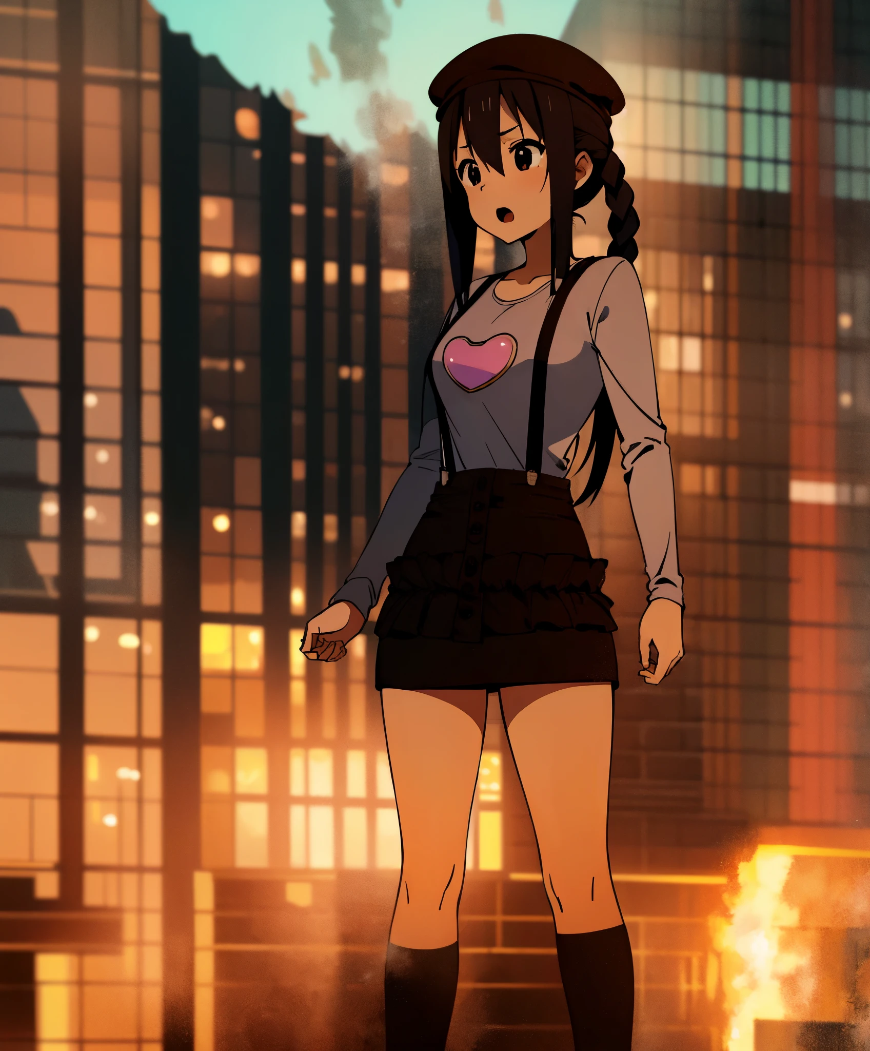 1girl, (((masterpiece))), top-quality, top-quality, high détails, nakano azusa, 1girl, Twin-tailed, length hair, A dark-haired, brown-eyed, Gray T-shirt.suspenders.a black skirt.illustratio, comic strip, soothing tones, Subdued Color, Soft cinematic light, adobe lightroom, photolab, HDR, intricately and hyper-detailed、(((depth of fields))))。(((masterpiece)))。(((top-quality))).)((ultra-detailliert)))。(((illustratio)))。(((takeout))).dynamic focus.big breasts.(((Skyscrapers))).(((A city scape))).(((Face of sadness))). open mouth.(((up chest))).((evening glow)).((the setting sun)).(((Heart on chest))).Feathered hat