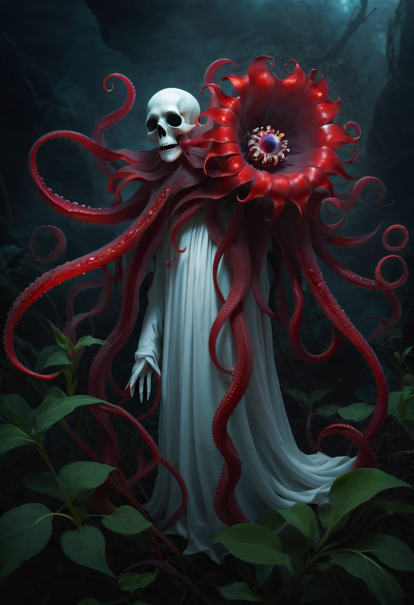 Magical plant from the abyss, the ghost flower, ghost flower,Blood-red tentacles stare at the dead,carismatic,Incredible,terror