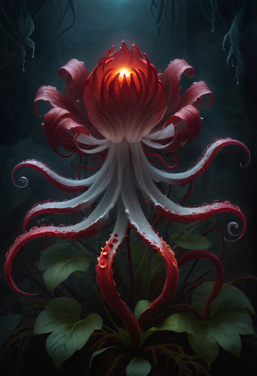 Magical plant from the abyss, the ghost flower, ghost flower,Blood-red tentacles stare at the dead,carismatic,Incredible,terror