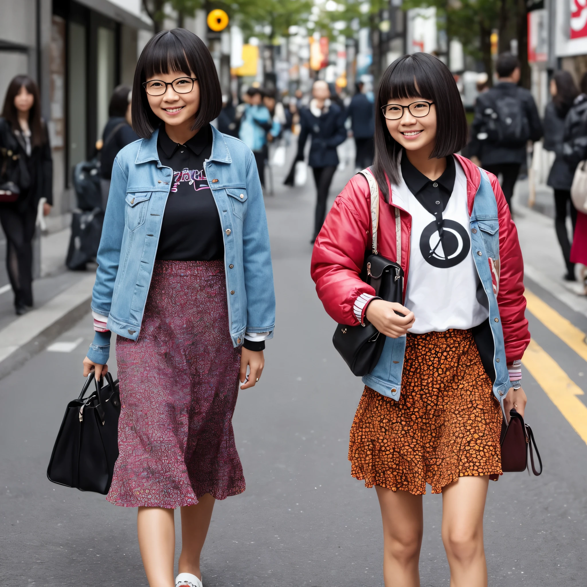 Cheerful smile, Woman wearing glasses, Bad youth , Long hair,Floating hair, Cinematic poster,Zentangle,ear piercings, 2 line hair,Short bob cut,solo,a colorful,Skirt,Jacket,harajuku wear, Blue eyes,monochromes,+++ ,a colorful farewell,Yayoi Kusama,独奏,Dynamic Poses