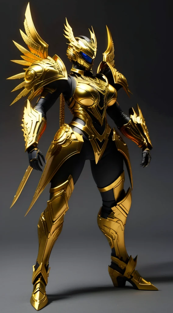 Armor, with a woman's design, with an angel style, armor with a voluptuous body, with a closed helmet, with a golden visor on the helmet, with large breasts on the armor, with golden shoulder pads, with gauntlets, the armor being white, Valkyrie appearance , that the armor has details in lapis lazuli blue, long armor boots, Standing, full body, good lighting, with beautiful quality, that the gold details stand out, with large thighs, that the helmet has two golden crests on each side .