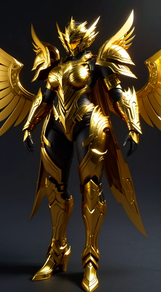 Armor, with a woman's design, with an angel style, armor with a voluptuous body, with a closed helmet, with a golden visor on the helmet, with large breasts on the armor, with golden shoulder pads, with gauntlets, the armor being white, Valkyrie appearance , that the armor has details in lapis lazuli blue, long armor boots, Standing, full body, good lighting, with beautiful quality, that the gold details stand out, with large thighs, that the helmet has two golden crests on each side .