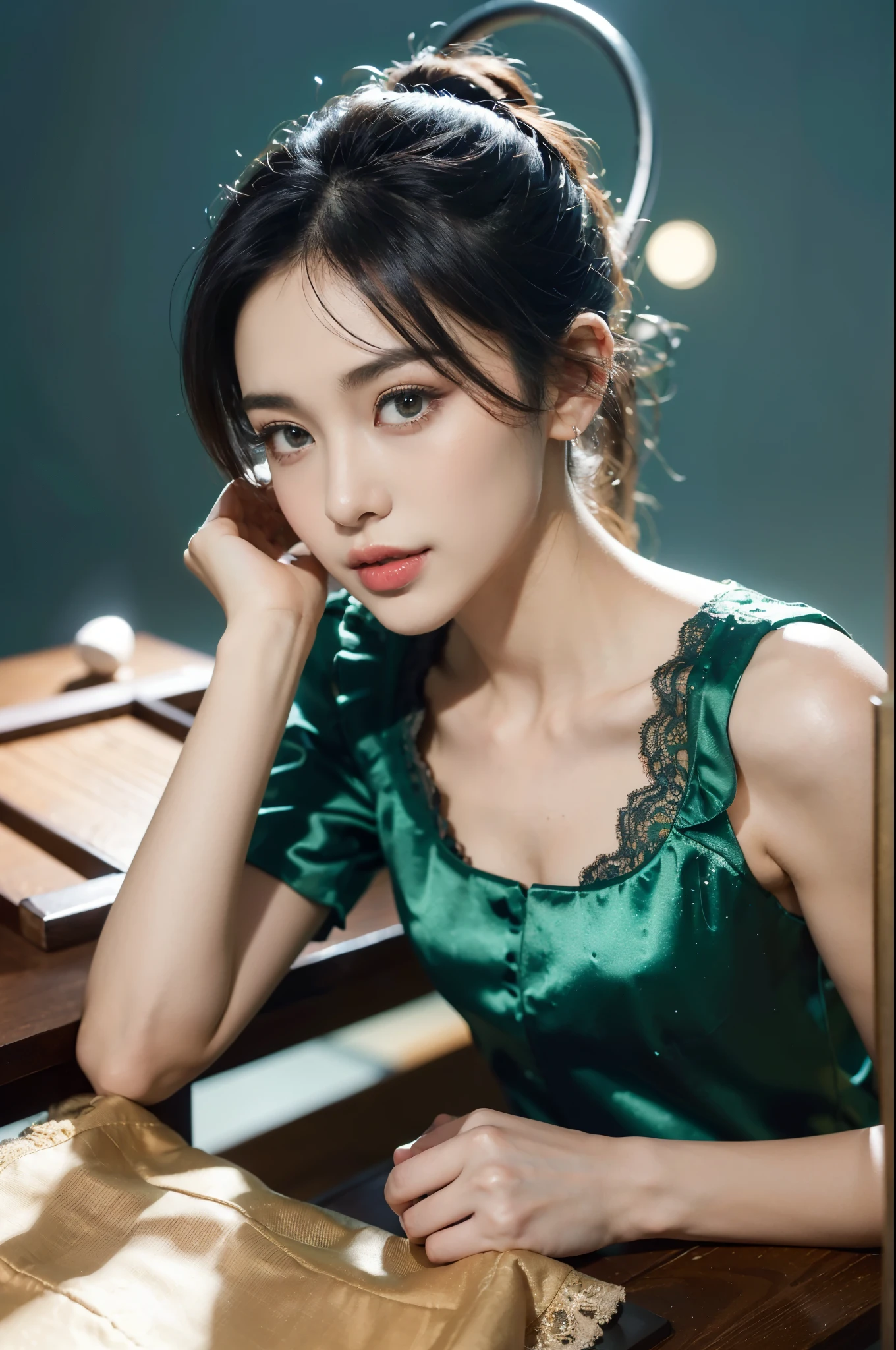 (shoulder-length straight black bob hair:1),((((8k))),((Extremely meticulous CG)) ,(wallpaper),16k,((Extremely refined and beautiful))，(((Masterpiece))),(((best qualtiy))),(((Ultra High Resolution))),beautiful light up，Perfect lightning，realistic shaded，[A high resolution],(Smooth and flawless fair skin:1.5),Extremely exquisite facial details,(perfect body：1.1),ultra - detailed,A beautiful girl,small head,((very short ponytail)),small face,Exquisite makeup,(Small breasts:1.1),Flat chests，slim，thin,happy Smile,(lace pajama dress:1.3),Clavicle, cleavage,(night scene:1.5),In kitchen,warm indoor lighting,((sitting on the chair beside the table)),(a cup of coffee on the table:1.3),(blue green background),looking at viewer,(close-up of upper body above chest:1.2)