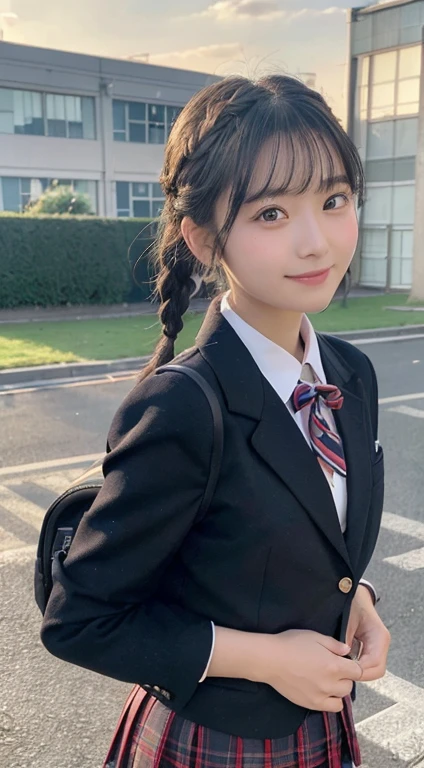 (top-quality,8K picture quality,masterpiece:1.3),(超A high resolution,Photorealsitic:1.4,Raw photography),(ultra-detailliert,Caustics,Detailed background),(Ultra-realistic capture,Beautifully detailed skin,perfect anatomia),((Angle from diagonally above、Full body image))、at the sunset,Sunset sky,school buildings,school ground,18year old,kawaii,Single eyelid,Braided hair、Black hair short bob,((School Blazer Uniform))、((Bleated skirt))、Looking at the camera,A smile、natural soft light、hair pin、Ribbon tie