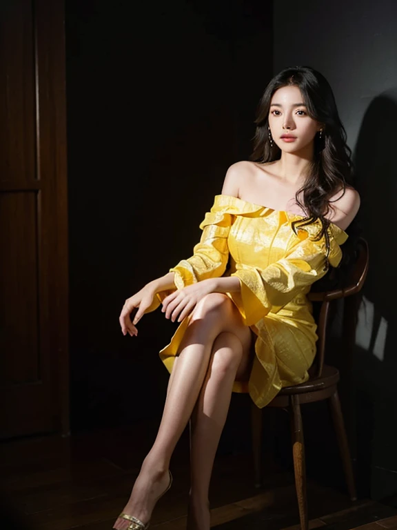 1girll, 175 cm,Korean K-POP idols and models ,23 years old,Soft body, jet-black hair, Wavy Hair,Whole body, hair grows to waist, Whole body,((From head to foot)),close-up, 8K, Raw photo, Best Quality, masutepiece,Realistic, Photorealsitic,Cute(Front Focus), (In the Dark:1.6), surreal female portraits by David Hockney and Alphonse Mucha, Fantasy Art, photos realistic, Dynamic lighting, art stations, poster for, voluminetric lighting, extra detailed face, 4 k'', awardwinning, 1girll, In the Dark, deepshadow, low tune, Cowboy Shot, (official outfit:1.4), Long hair、Boyleg、(Underwear shot while sitting with legs spread:1.2)、show foot、 (she was wearing a long yellow party dress、
,Off-shoulder_Dress,:1.3),(side slits:1.1)、,Perfect fingertip、(portrait of a full body),perfect hand