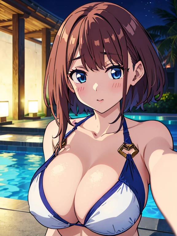 Anime style、Best Quality、high-level image quality、hight resolution、1girl in、huge tit、Brown hair、Medium hair、blue eyess、pretty eyes、cute face、Hitoyo、The bikini、Night Pool