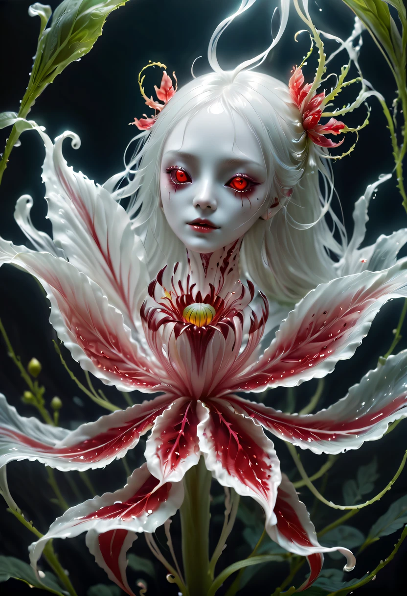 Magical plant from the abyss, the ghost flower, ghost flower,Blood-red tentacles stare at the dead,carismatic,Incredible,terror